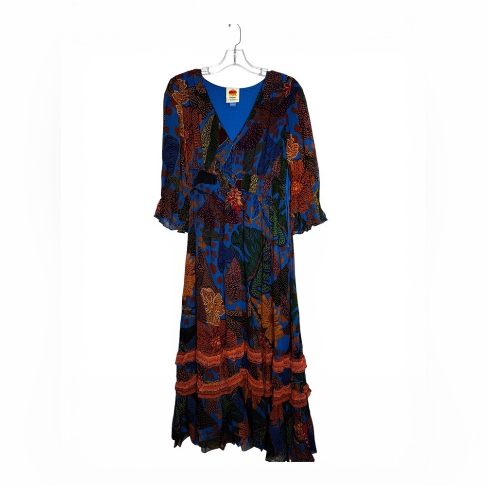 Farm Rio for Anthropologie Blue Tropical Maxi Dress Ruffle Tiered Boho size S - Picture 2 of 6